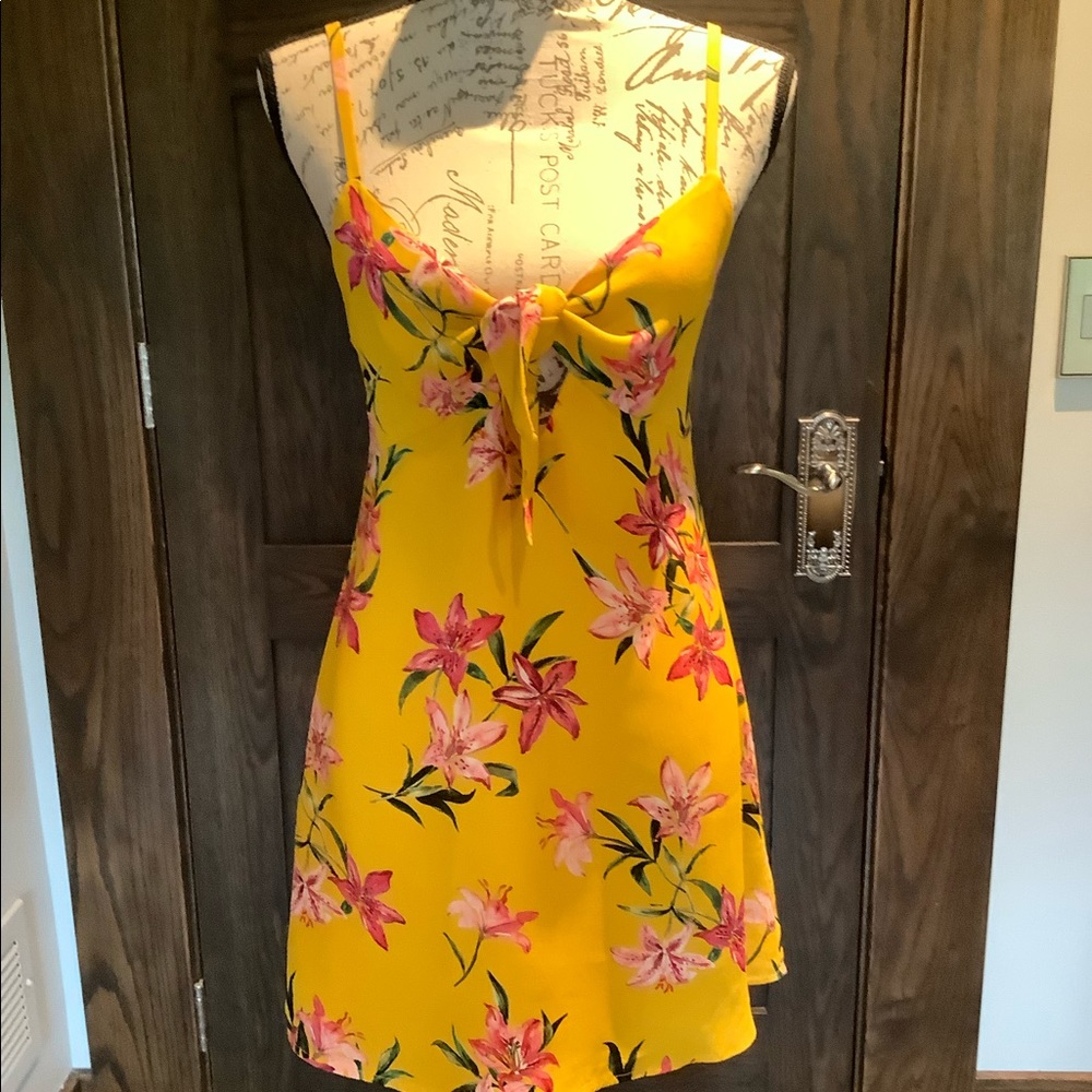 Bright yellow floral spaghetti strap sundress